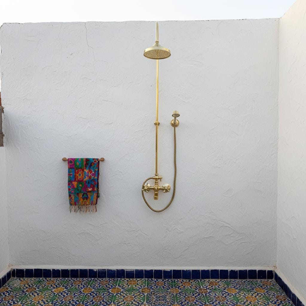 Curved Brass Shower System – Unlacquered Solid Brass Gooseneck Rain Shower with Handheld Sprayer