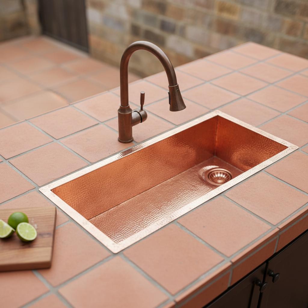 Handmade Rectangular Hammered Copper Trough Sink Solid Metal Basin for Bar and Side Kitchens
