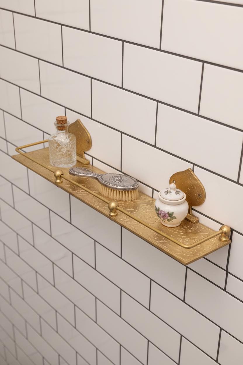 Engraved Unlacquered Brass Wall Shelf: Solid Handmade Bathroom or Hallway Decor
