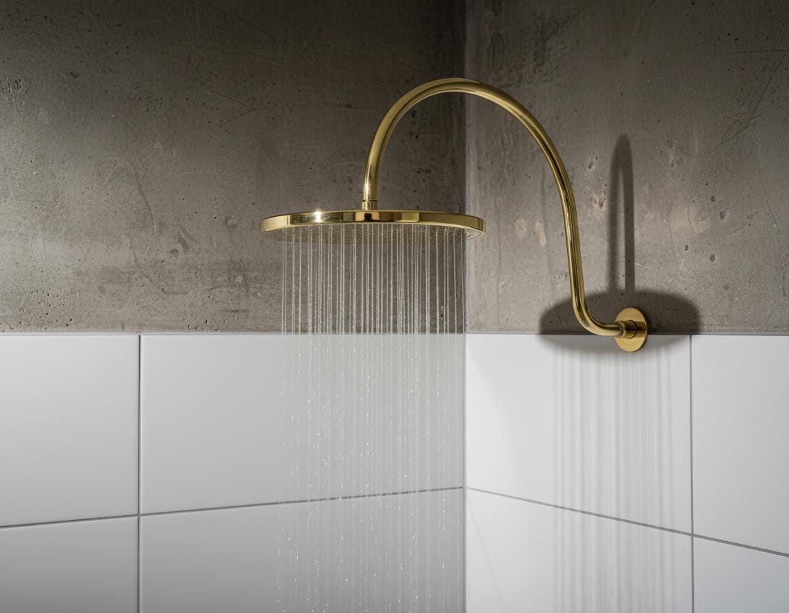 Unlacquered solid brass gooseneck shower arm with round rainfall showerhead for a luxurious bathroom finish