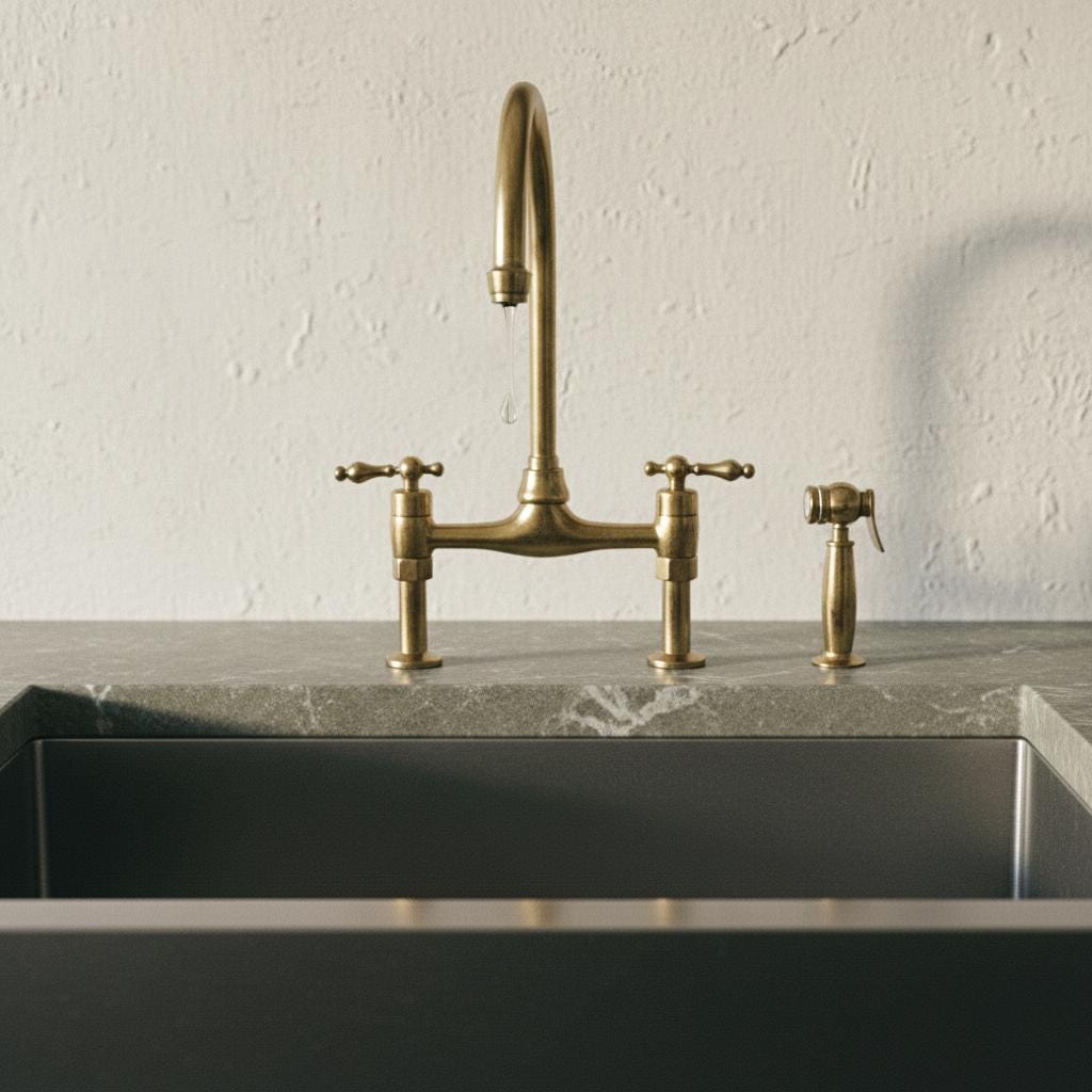 Unlacquered Brass Bridge Kitchen Faucet with Side Sprayer – Farmhouse Sink Mixer Tap, Solid Brass Fixture