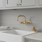 Unlacquered Brass Wall Mount Faucet – Handmade Solid Brass Bar or Bathroom Sink Tap with Cross Handles