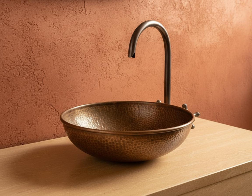 Handmade Hammered Copper Vessel Sink with Aged Bronze Faucet for Rustic Luxury Bathroom Designs