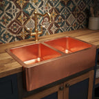 Handmade Hammered Double Bowl Farmhouse Sink Solid Copper Apron Front Kitchen Basin Design