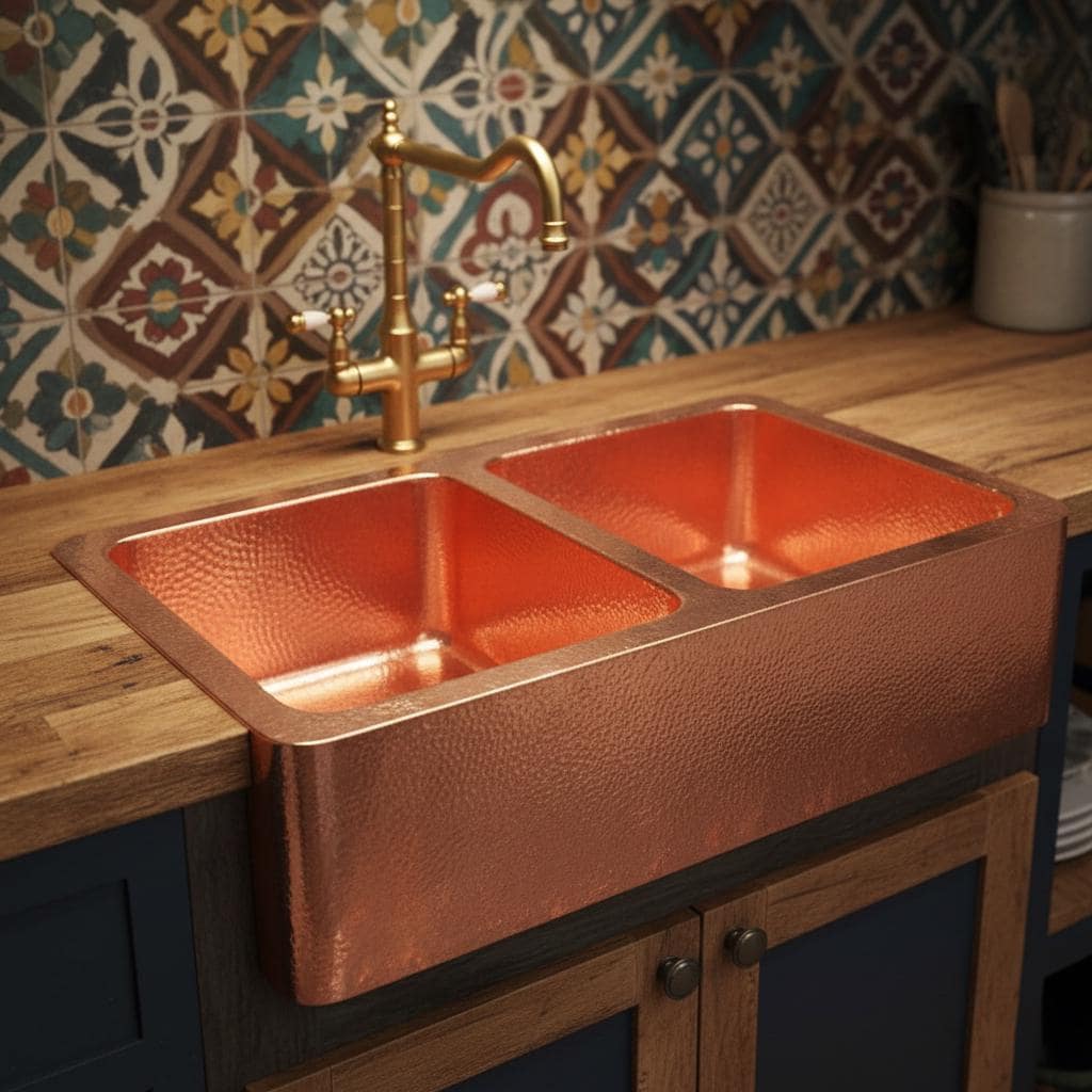 Handmade Hammered Double Bowl Farmhouse Sink Solid Copper Apron Front Kitchen Basin Design