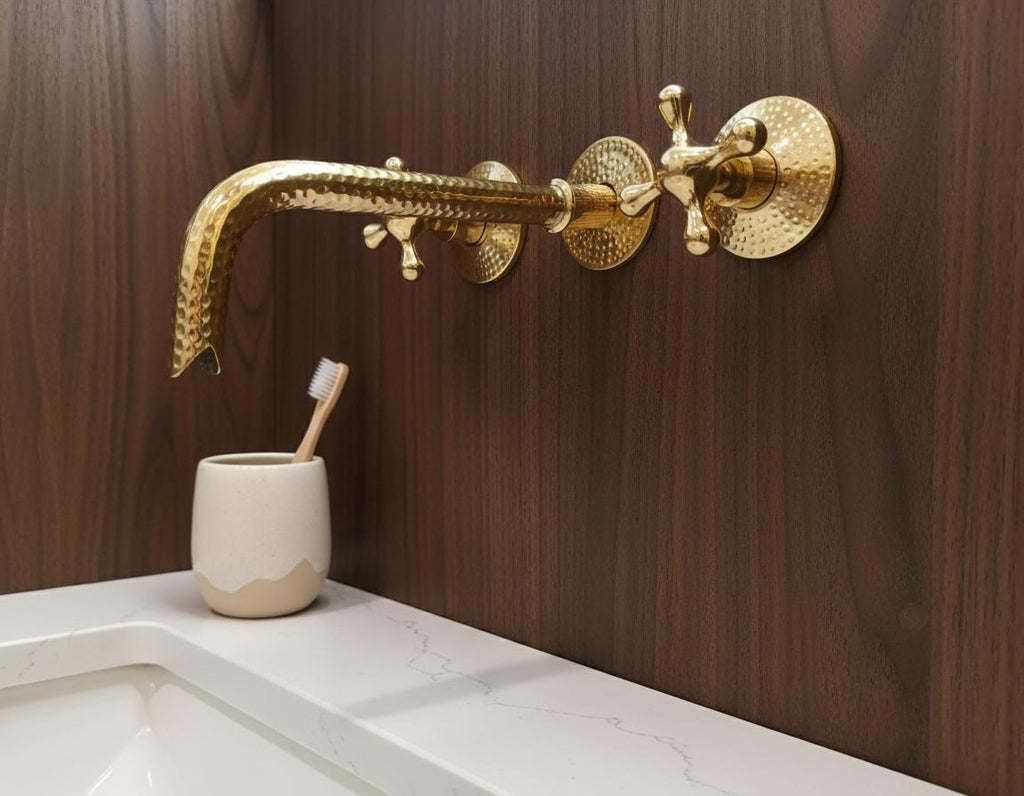 Unlacquered Solid Brass Hammered Wall Mount Faucet – Handmade Cross Handle Bathroom Mixer