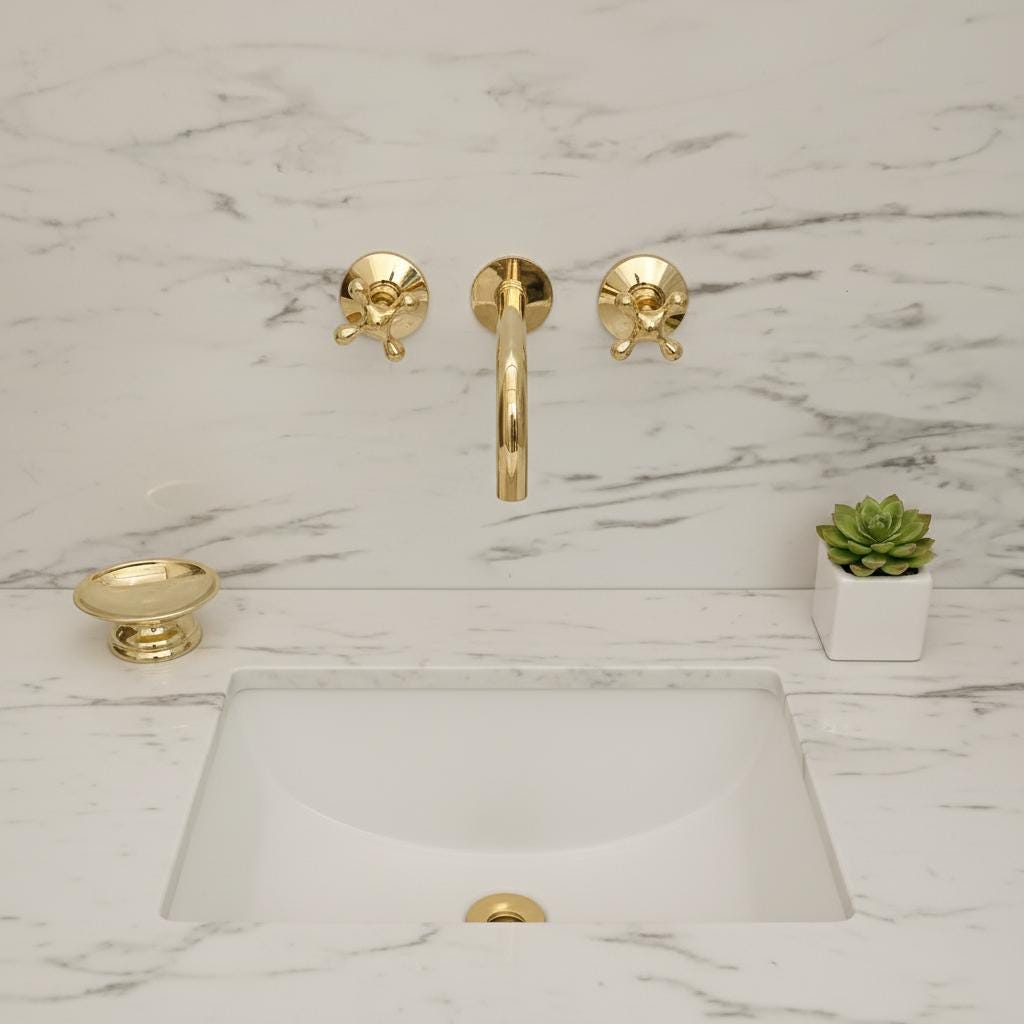Unlacquered Brass Wall-Mount Faucet – Handmade Solid Brass Bathroom Sink Mixer with Cross Handles