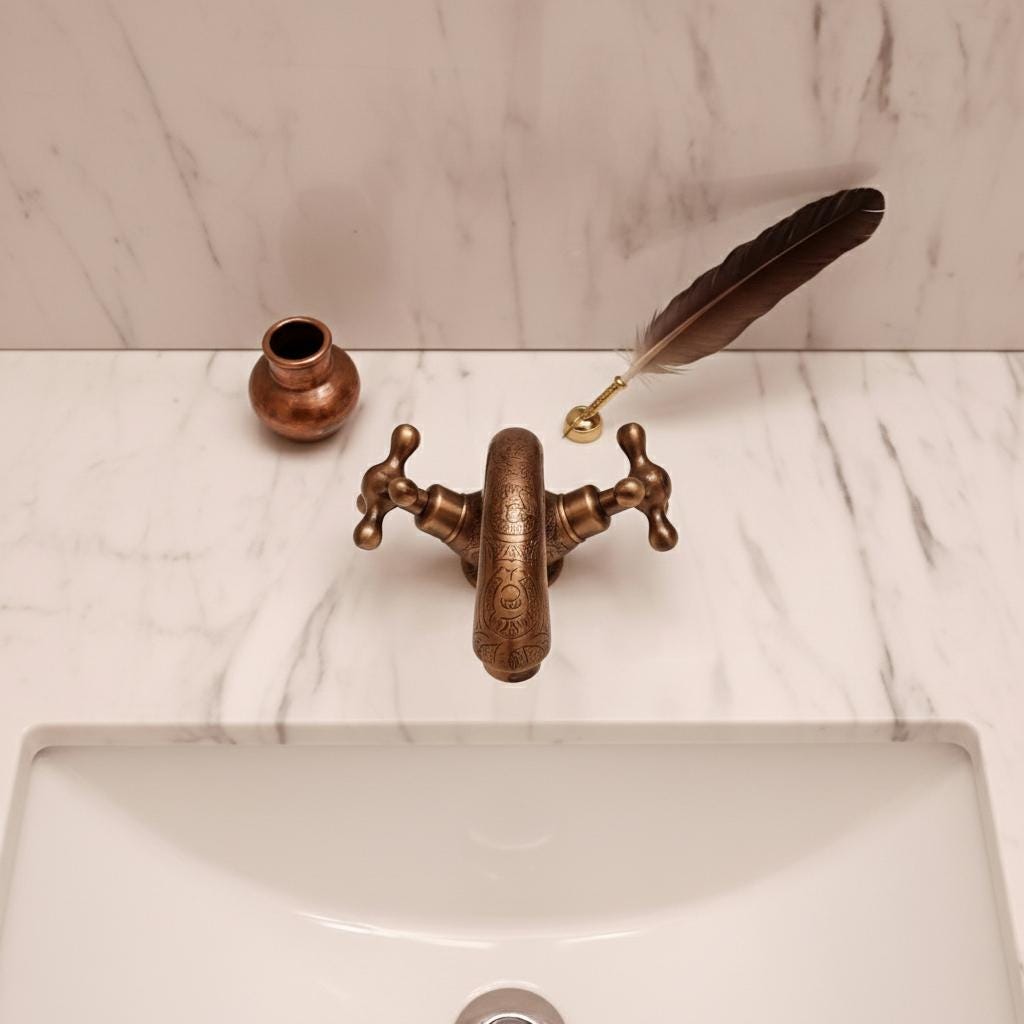 Decorative bronze faucet with a feather on a marble countertop