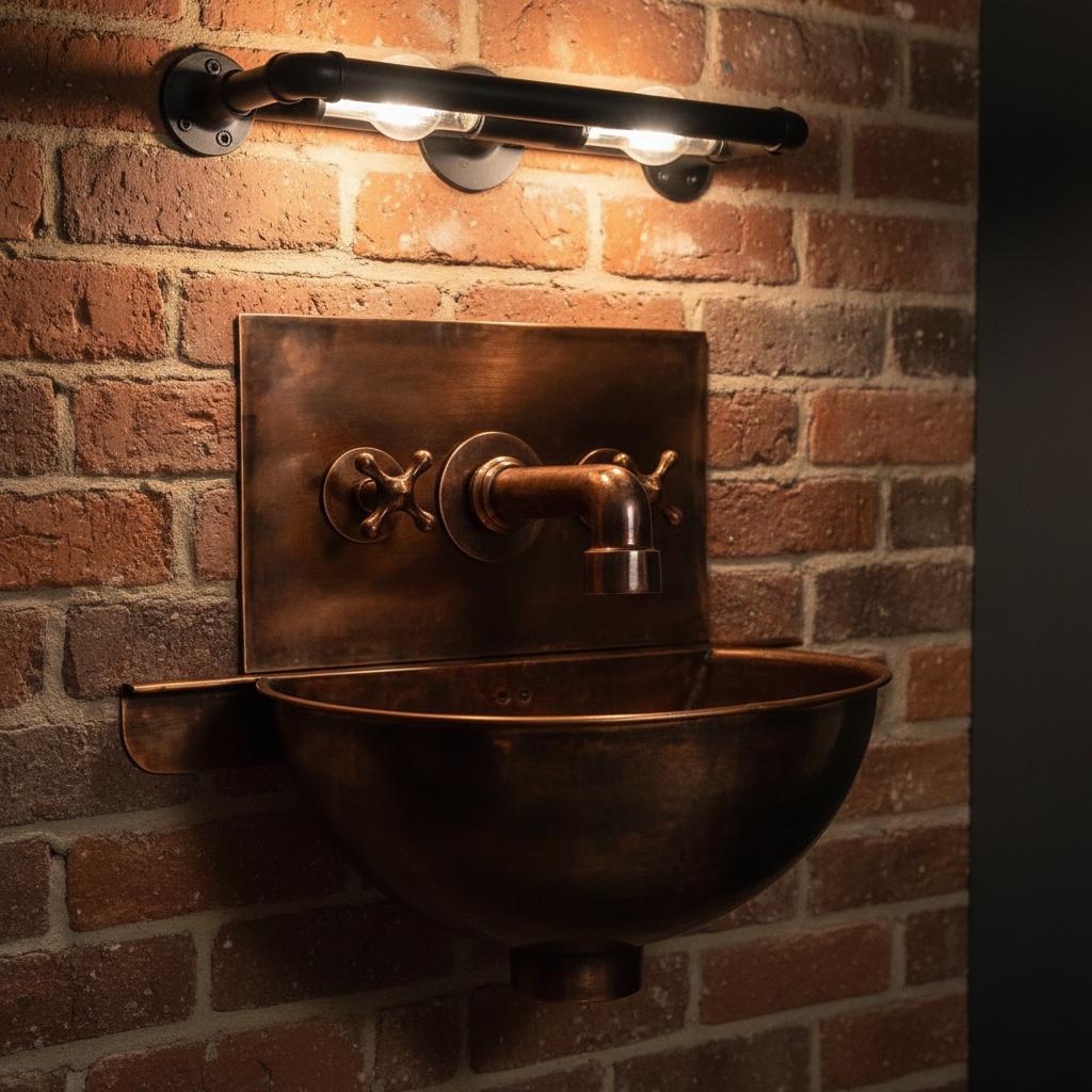 Handmade Aged Patina Copper Wall Mounted Bathroom Sink with Integrated Backsplash and Matching Mixer Faucet