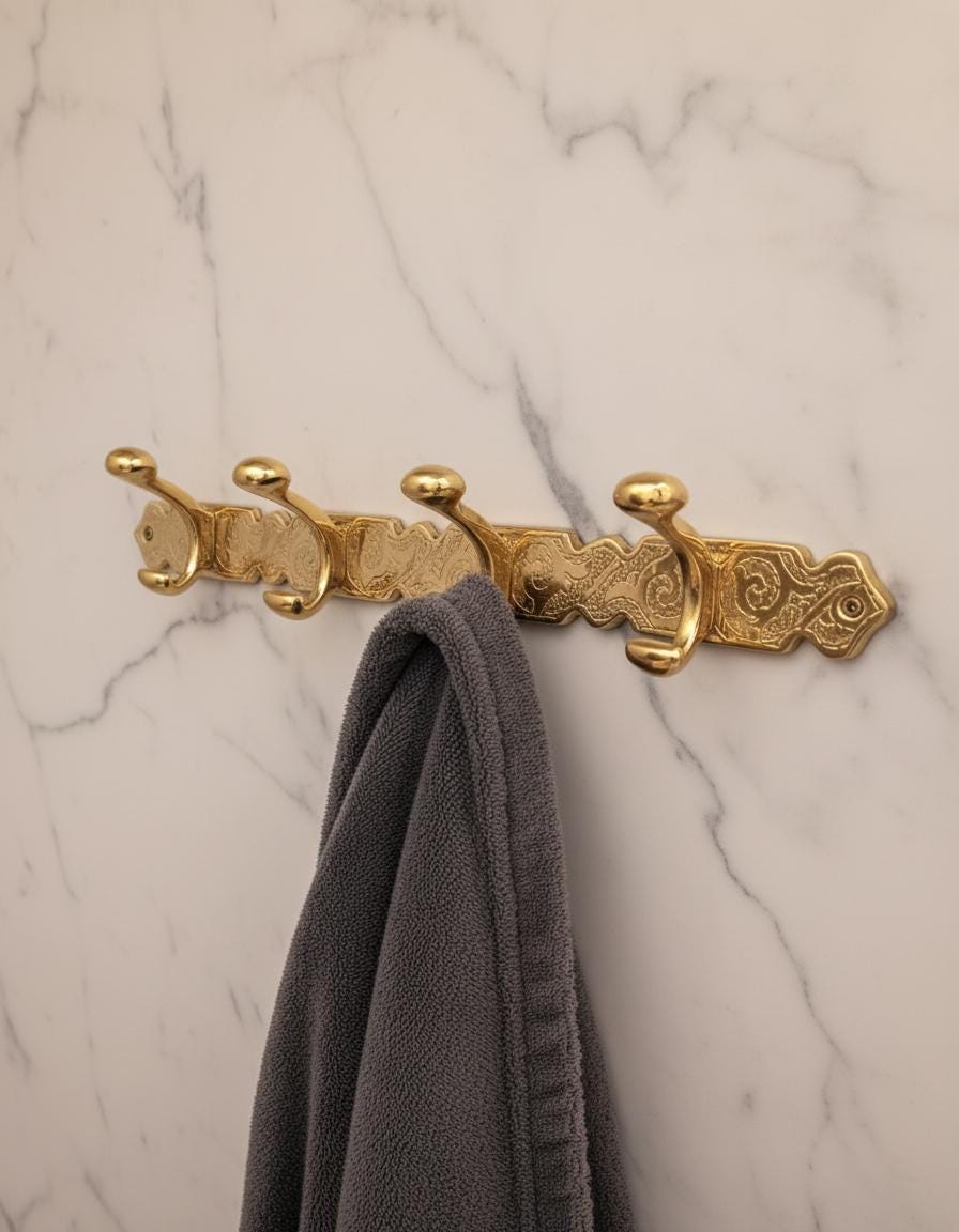 Engraved Solid Brass Coat Rack – Unlacquered Wall Hook Rail for Entryway or Bathroom