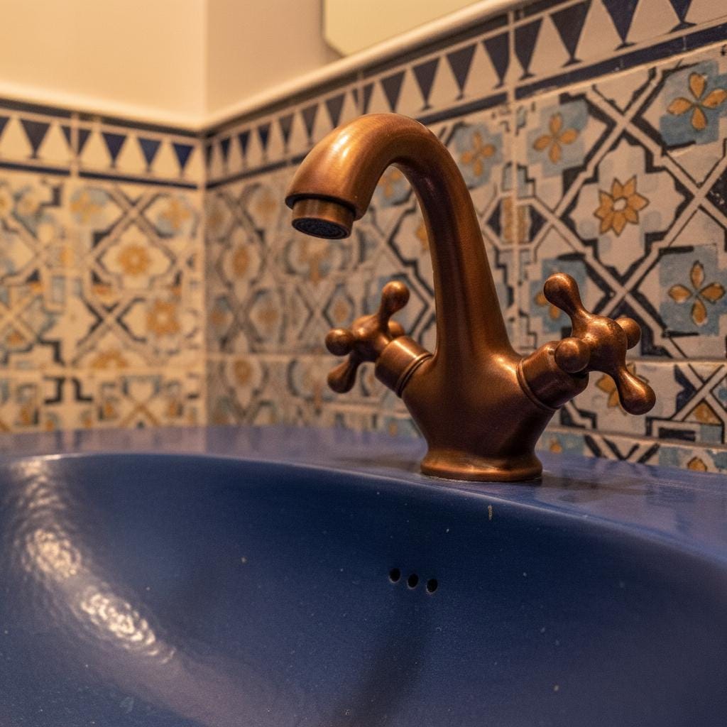 Bronze faucet on a blue sink with decorative tiles in the background