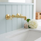 Unlacquered Solid Brass Wall Mount Faucet – Modern Cross Handle Bathroom or Vanity Sink Tap