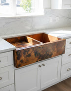 Copper Farmhouse Kitchen Sink – Double Basin Apron Front Workstation with Hammered Texture