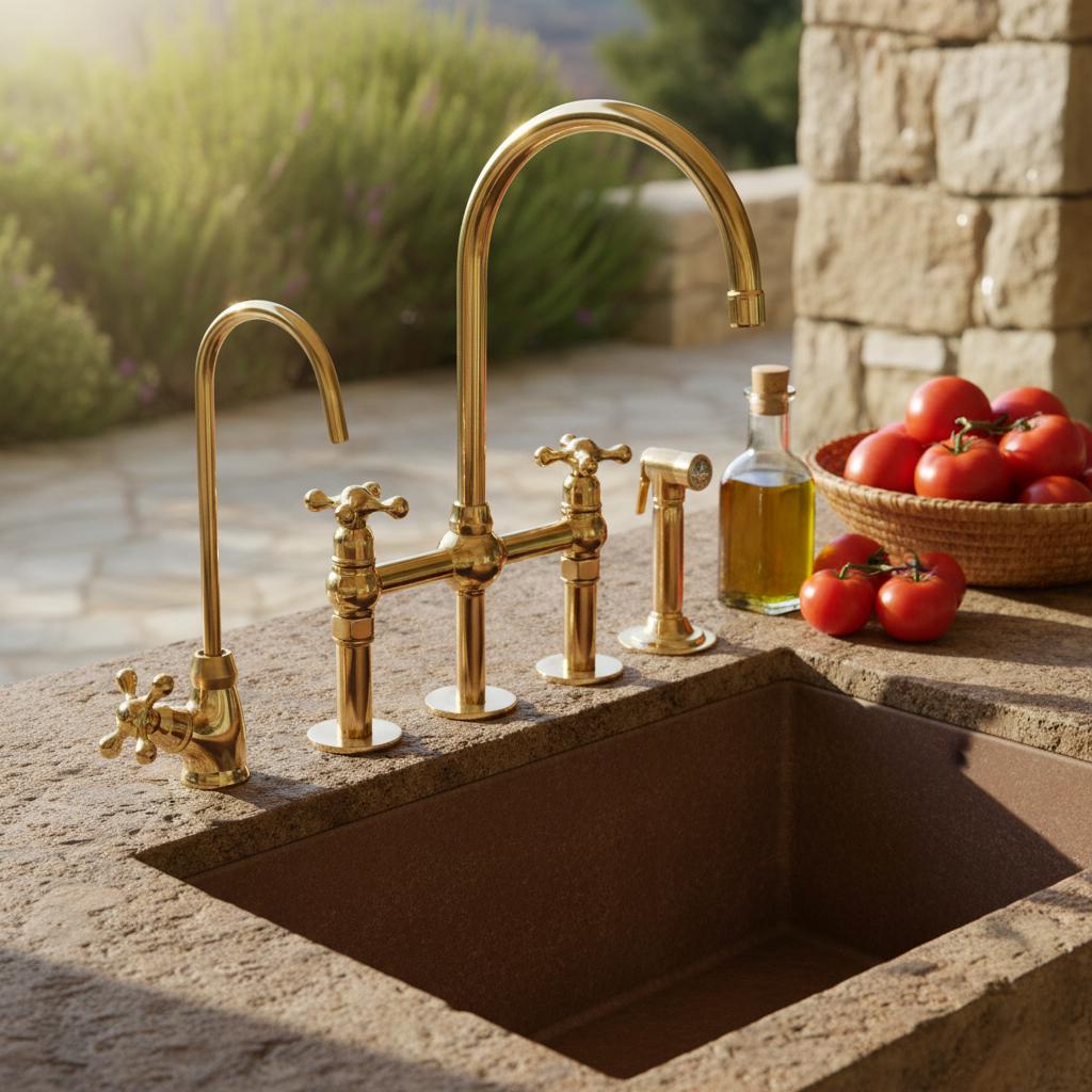 Unlacquered Brass Bridge Kitchen Faucet – Solid Brass Farmhouse Tap with Sprayer