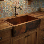 Handmade Fire Patina Hammered Copper Farmhouse Apron Front Sink for Modern Rustic Kitchen Designs