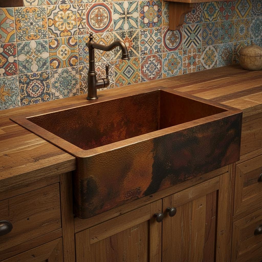 Handmade Fire Patina Hammered Copper Farmhouse Apron Front Sink for Modern Rustic Kitchen Designs