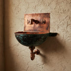 Handmade Turquoise Patina Copper Wall Mount Sink with Hammered Interior for Rustic Luxury Bathrooms