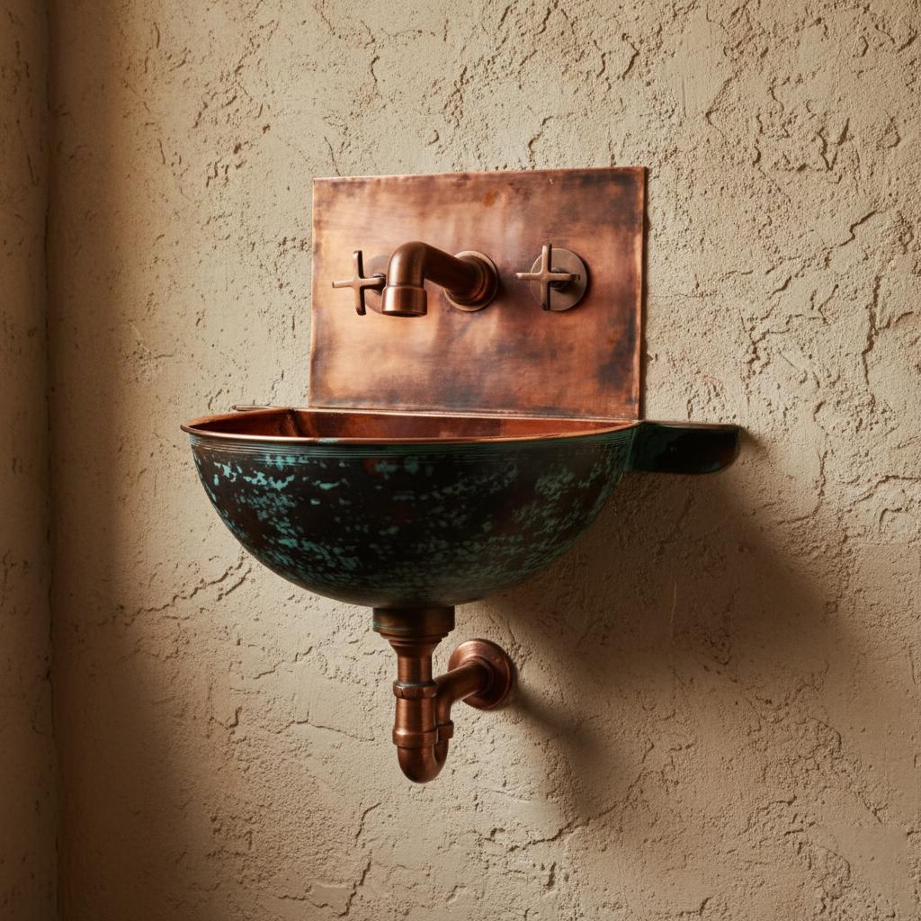Handmade Turquoise Patina Copper Wall Mount Sink with Hammered Interior for Rustic Luxury Bathrooms