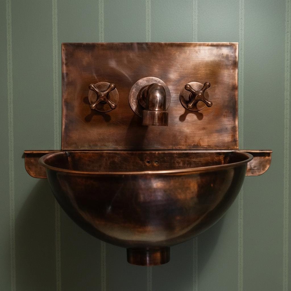 Handmade Aged Patina Copper Wall Mounted Bathroom Sink with Integrated Backsplash and Matching Mixer Faucet