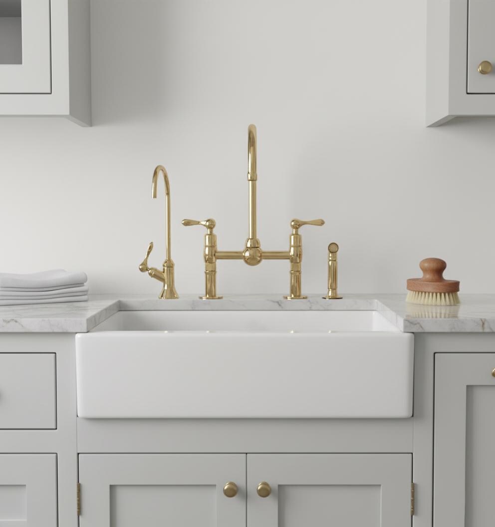 Unlacquered Brass Bridge Faucet Set – Handmade Solid Brass Kitchen Mixer with Filter Tap and Sprayer for Farmhouse Sinks