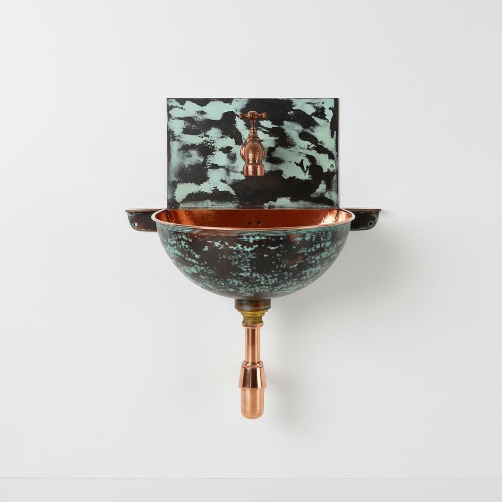 Handmade Turquoise Patina Copper Wall Mount Sink with Faucet for Luxury Artistic Bathroom Designs