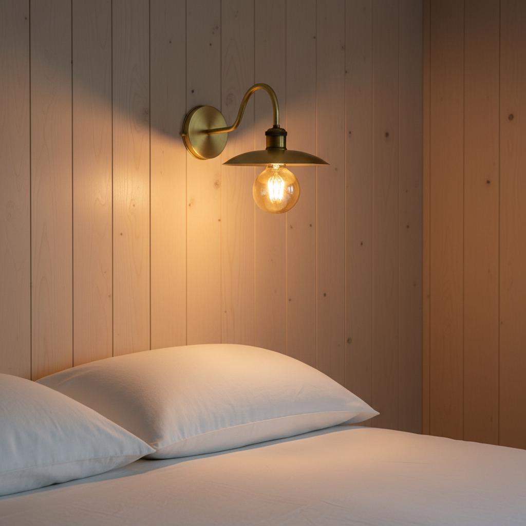 Unlacquered Brass Wall Light – Handmade Curved Arm Sconce with Wide Shade and Edison Bulb