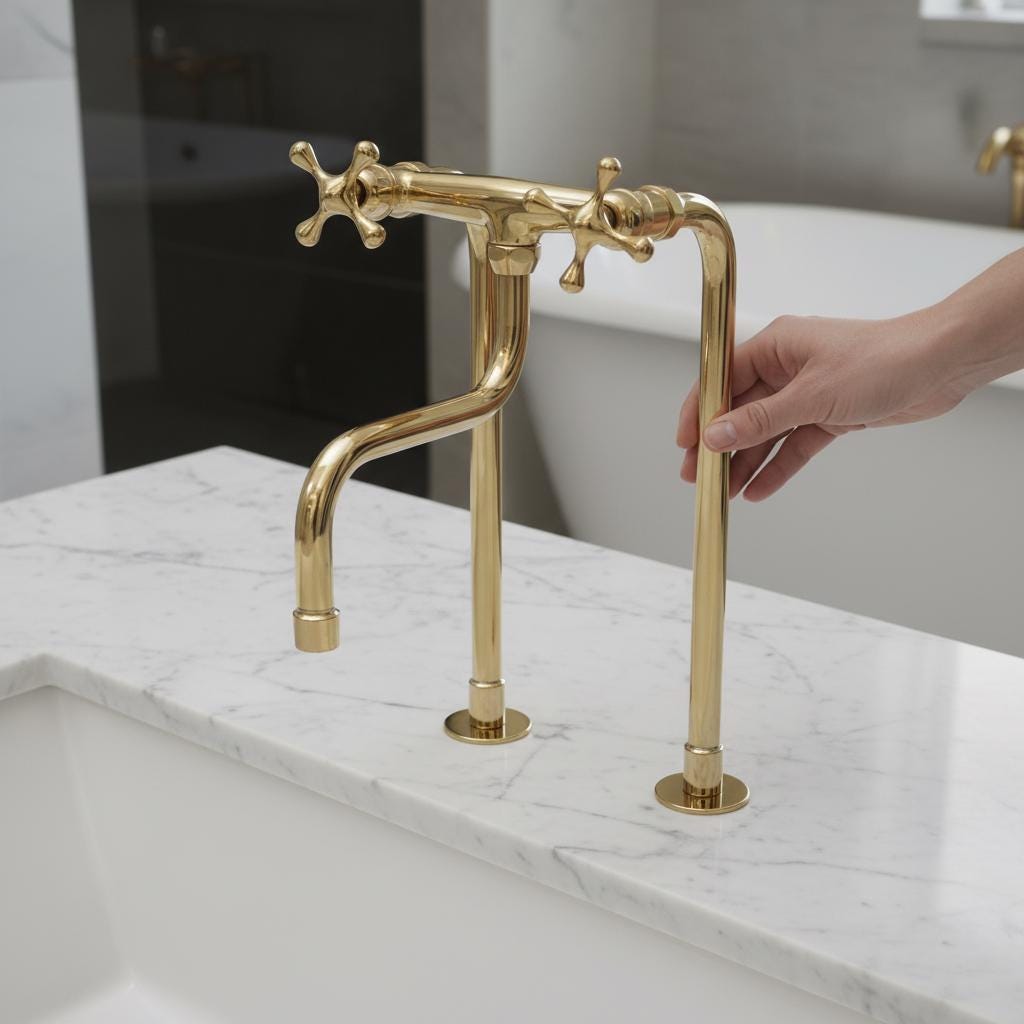 Unlacquered Brass Bridge Faucet – Handmade Solid Brass Swing Spout Mixer Tap with Cross Handles