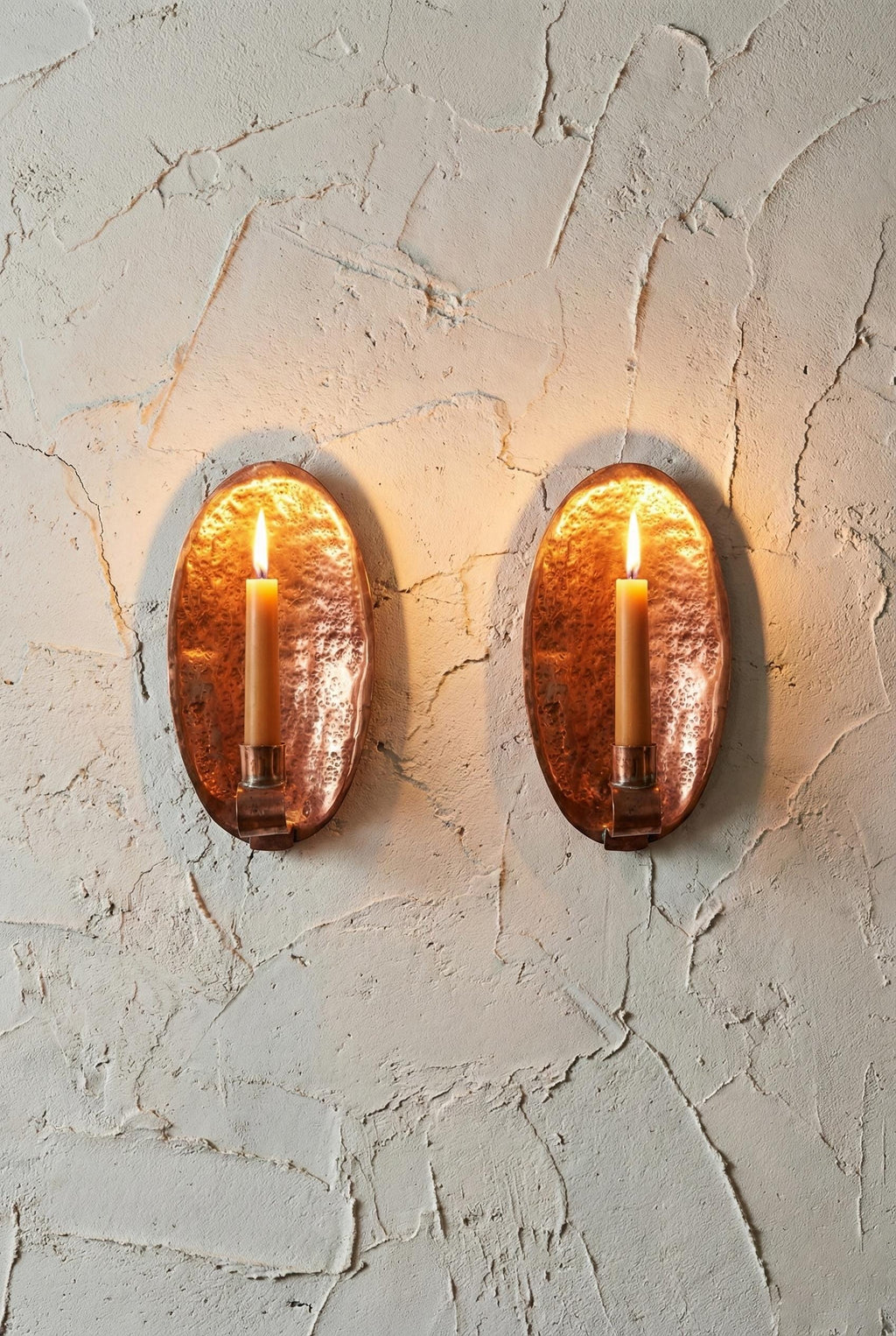 Pair of Unlacquered Copper Wall Candle Holder Hammered Oval Brass Style Sconce