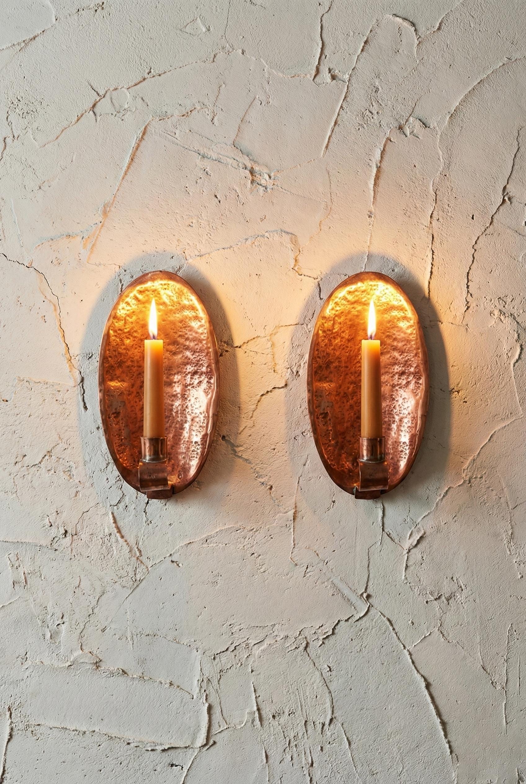 Pair of Unlacquered Copper Wall Candle Holder Hammered Oval Brass Style Sconce