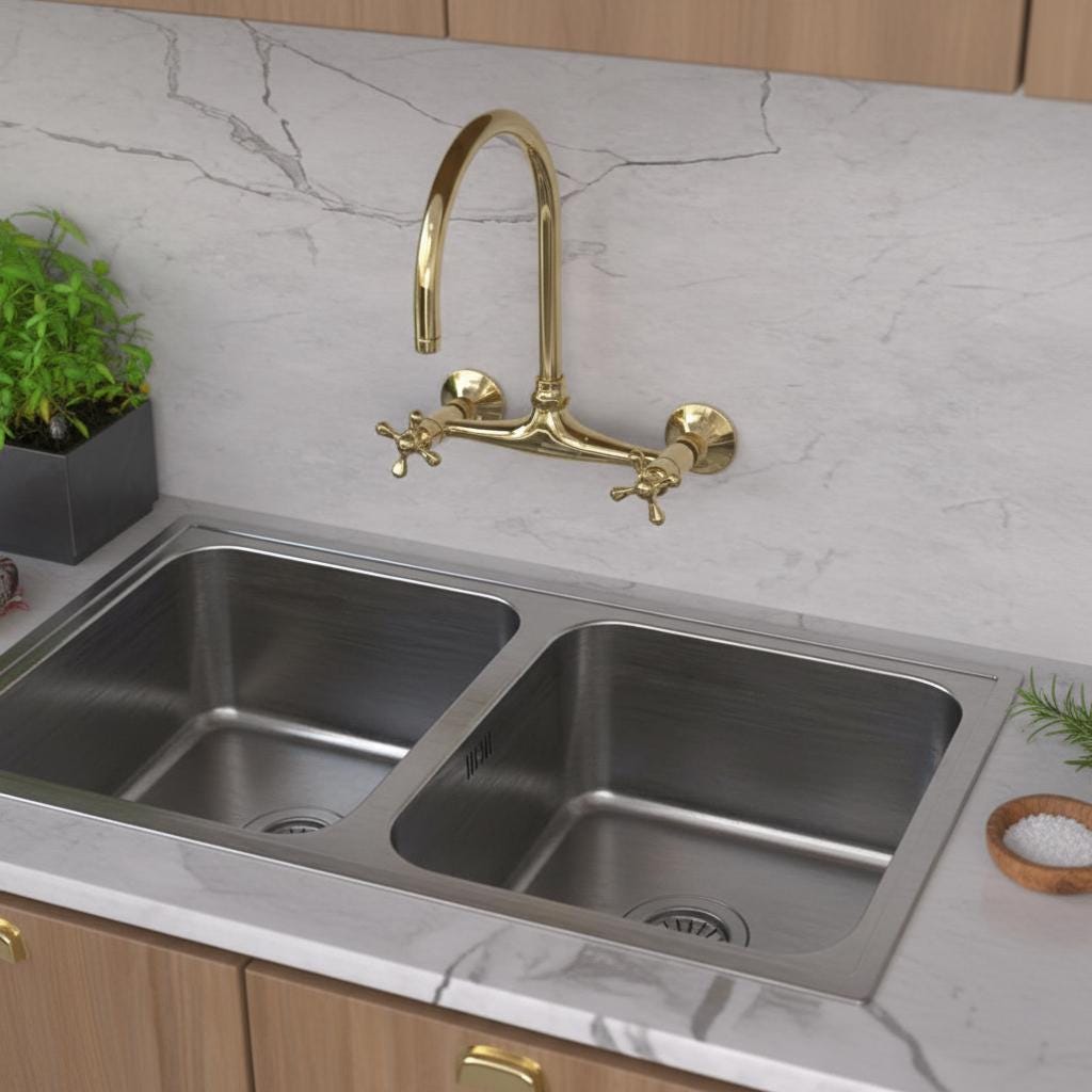 Unlacquered Brass Wall Mount Faucet – Handmade Solid Brass Gooseneck Kitchen Tap with Cross Handles for Farmhouse Sink