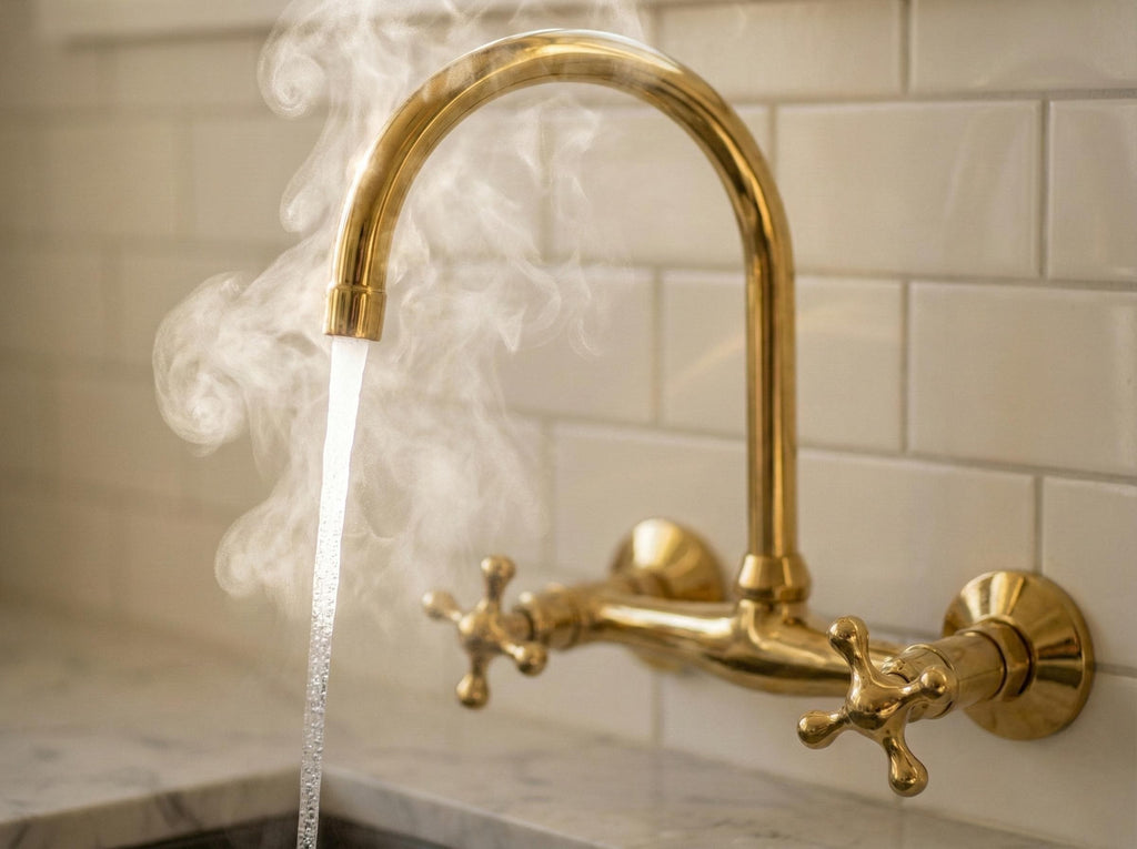 Unlacquered Brass Wall Mount Faucet, Handmade Gooseneck Kitchen Tap Water Mixer with Cross Handles