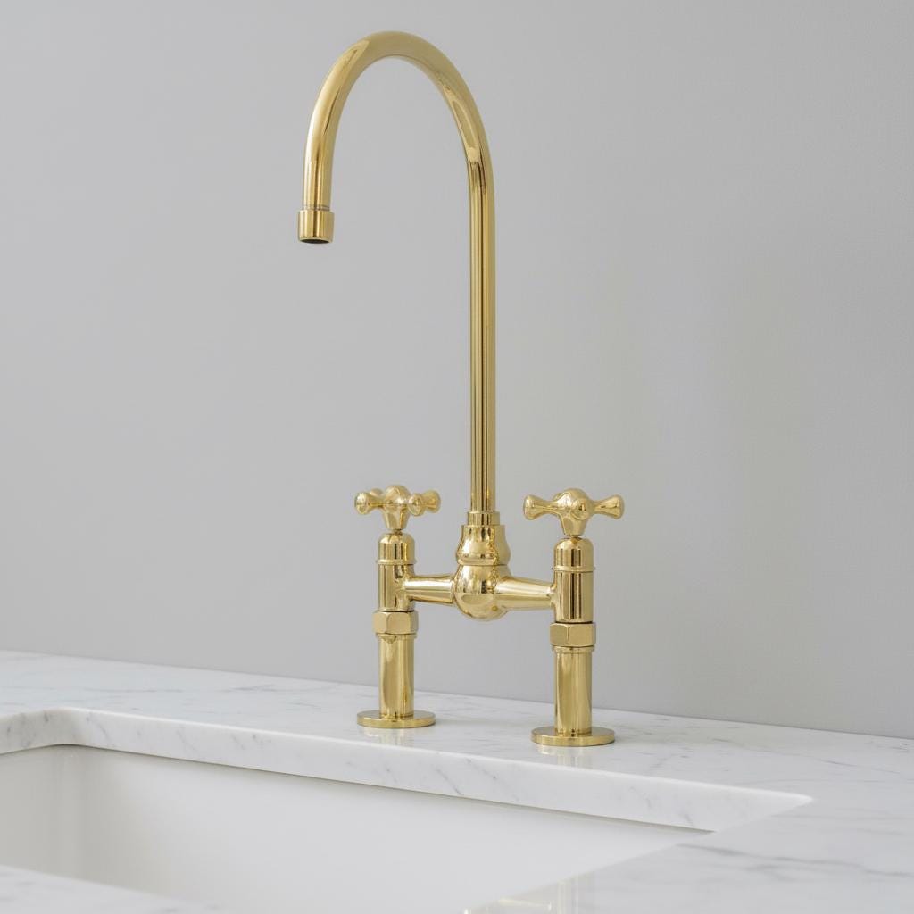 Handmade Solid Brass Bridge Faucet – Polished Brass Kitchen Mixer Tap with Gooseneck Spout, Classic Farmhouse Sink Fixture