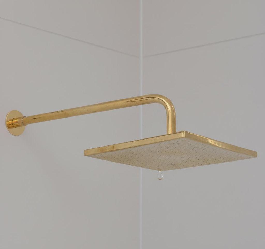 Unlacquered Solid Brass Square Rainfall Shower Head – Handmade Wall Mount Shower Arm