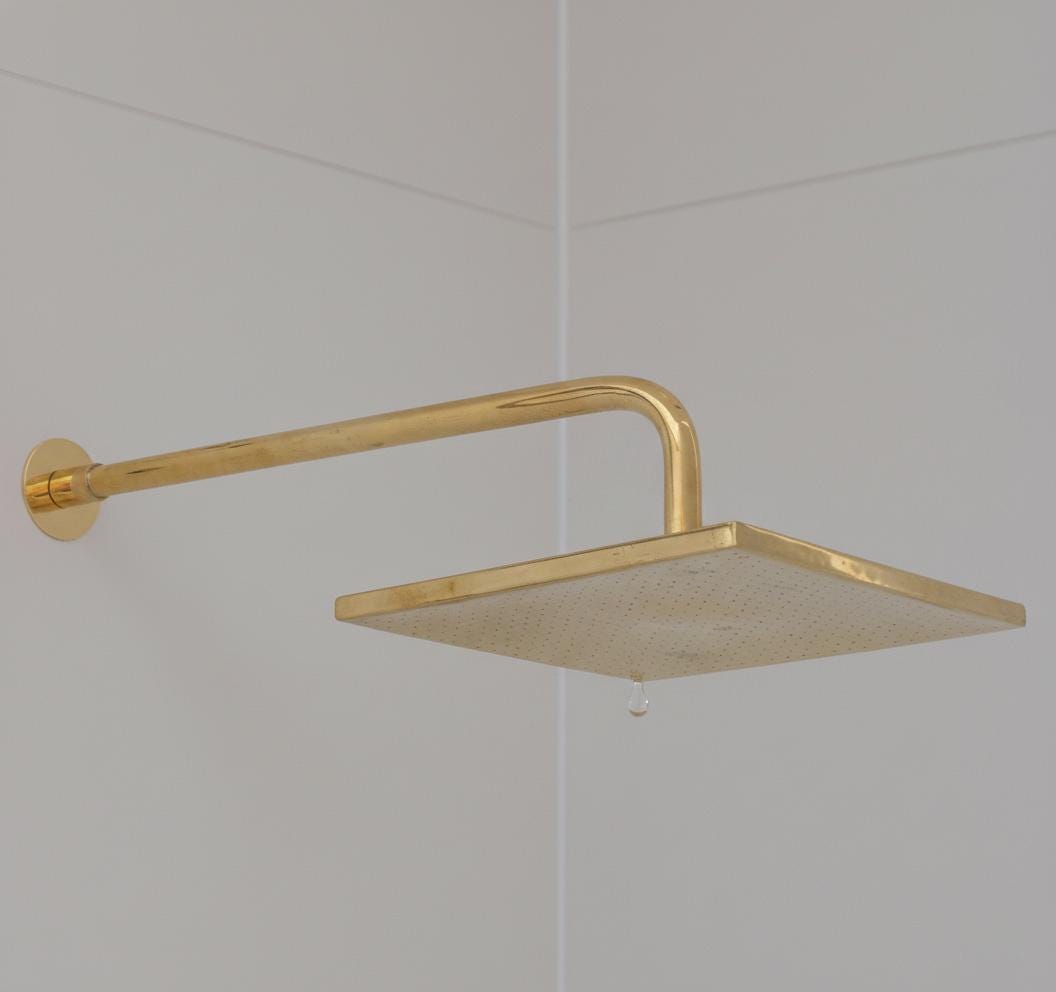 Unlacquered Solid Brass Square Rainfall Shower Head – Handmade Wall Mount Shower Arm