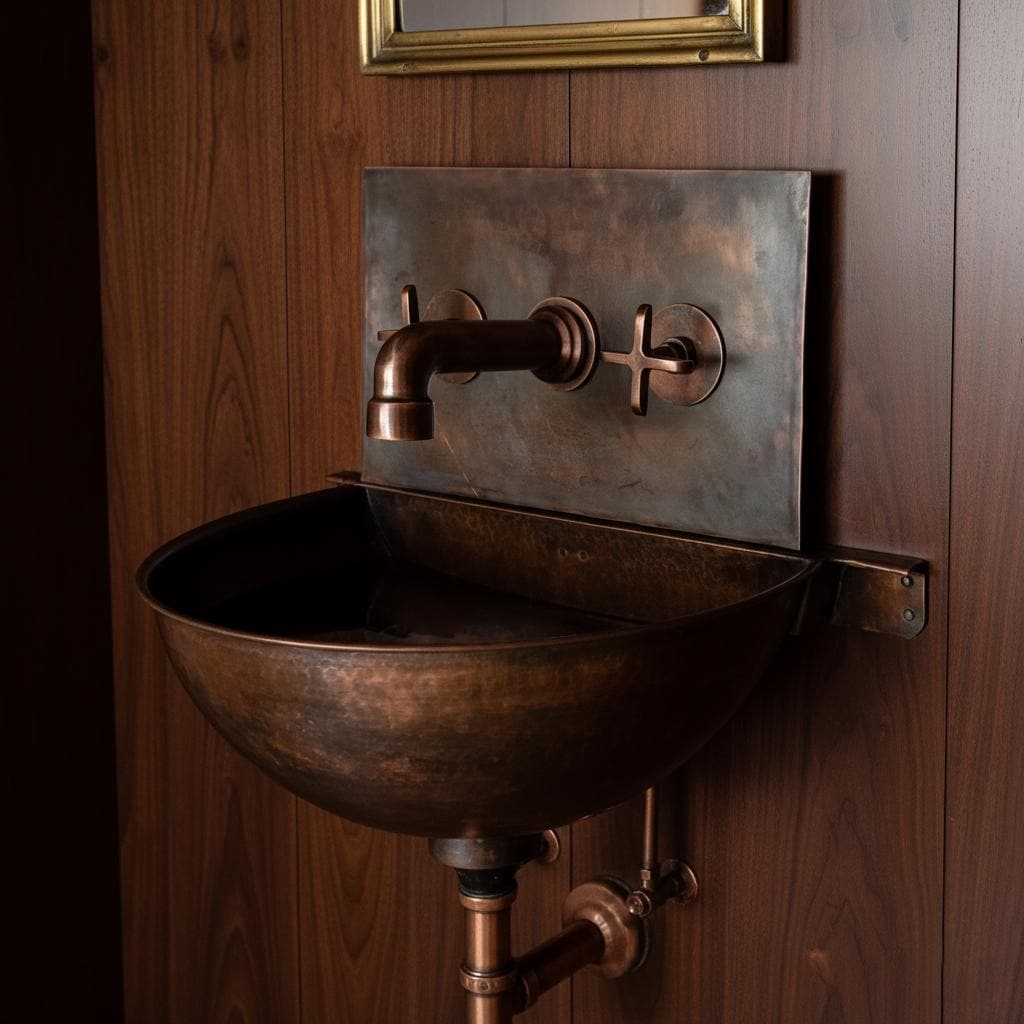 Vintage-style copper sink mounted on a wooden wall with a rustic faucet.