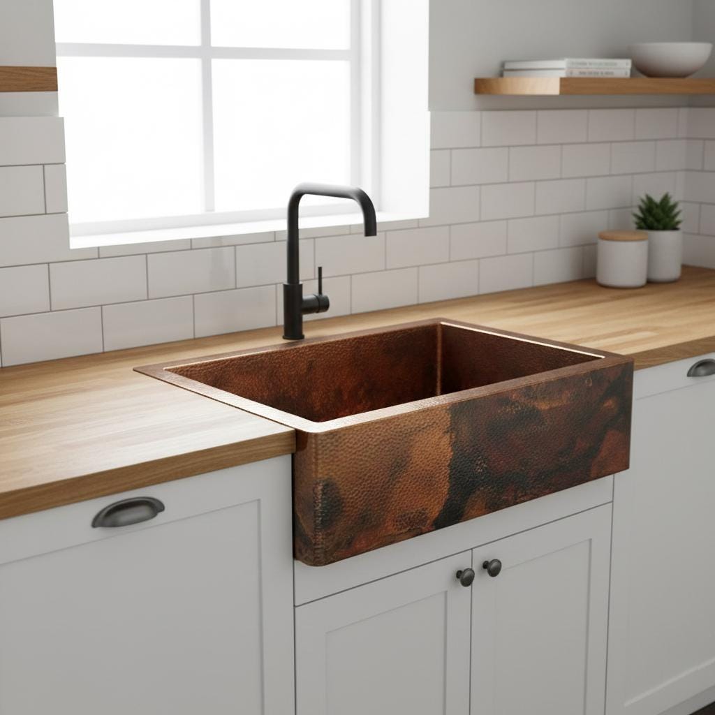 Handmade Fire Patina Hammered Copper Farmhouse Apron Front Sink for Modern Rustic Kitchen Designs