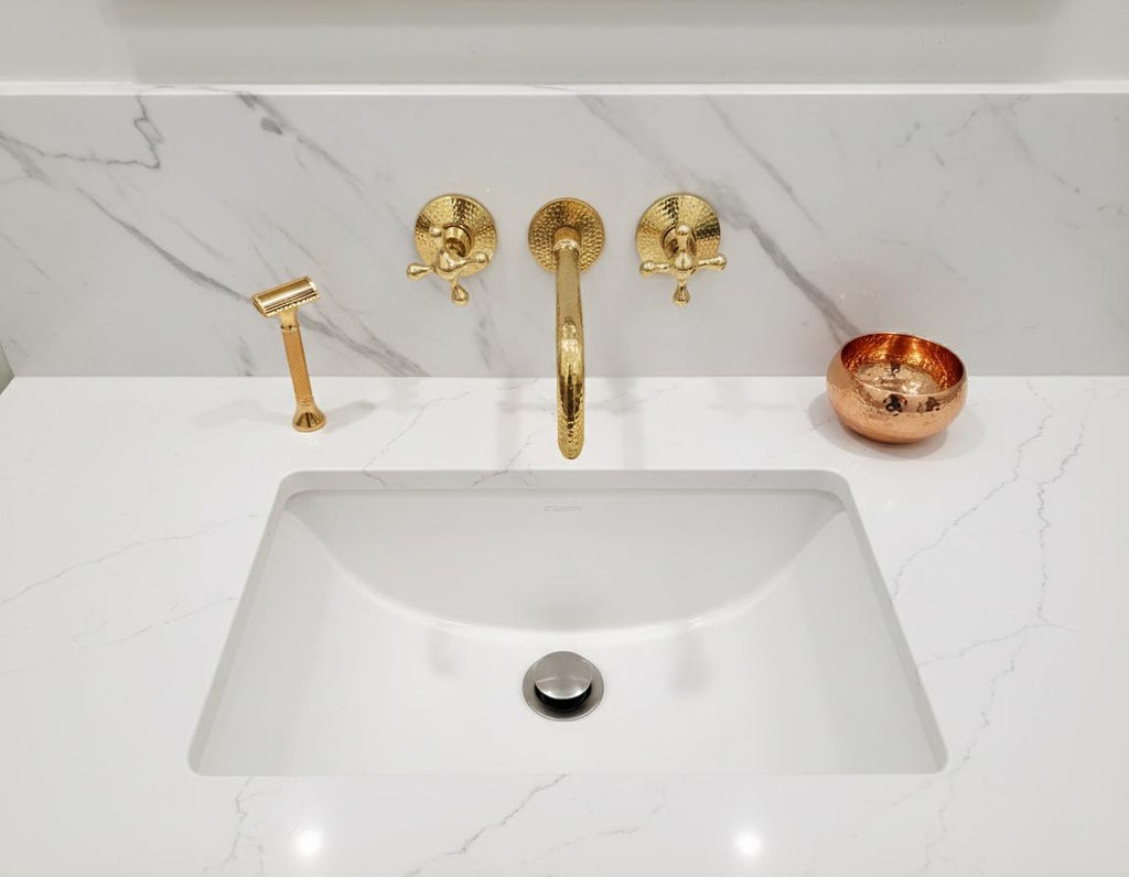 Unlacquered Solid Brass Hammered Wall Mount Faucet – Handmade Cross Handle Bathroom Mixer