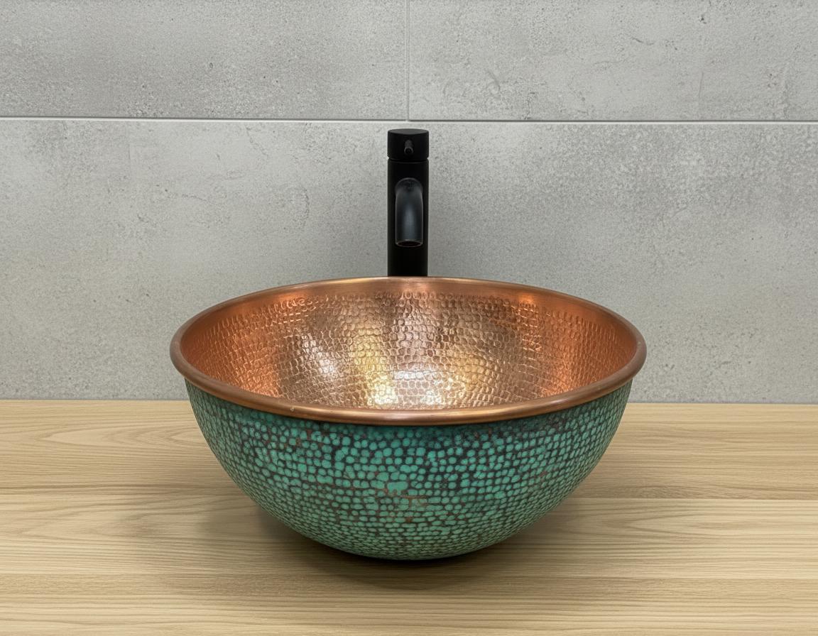 Handmade Turquoise Patina Copper Vessel Sink with Hammered Interior for Modern Bathroom Vanity Decor