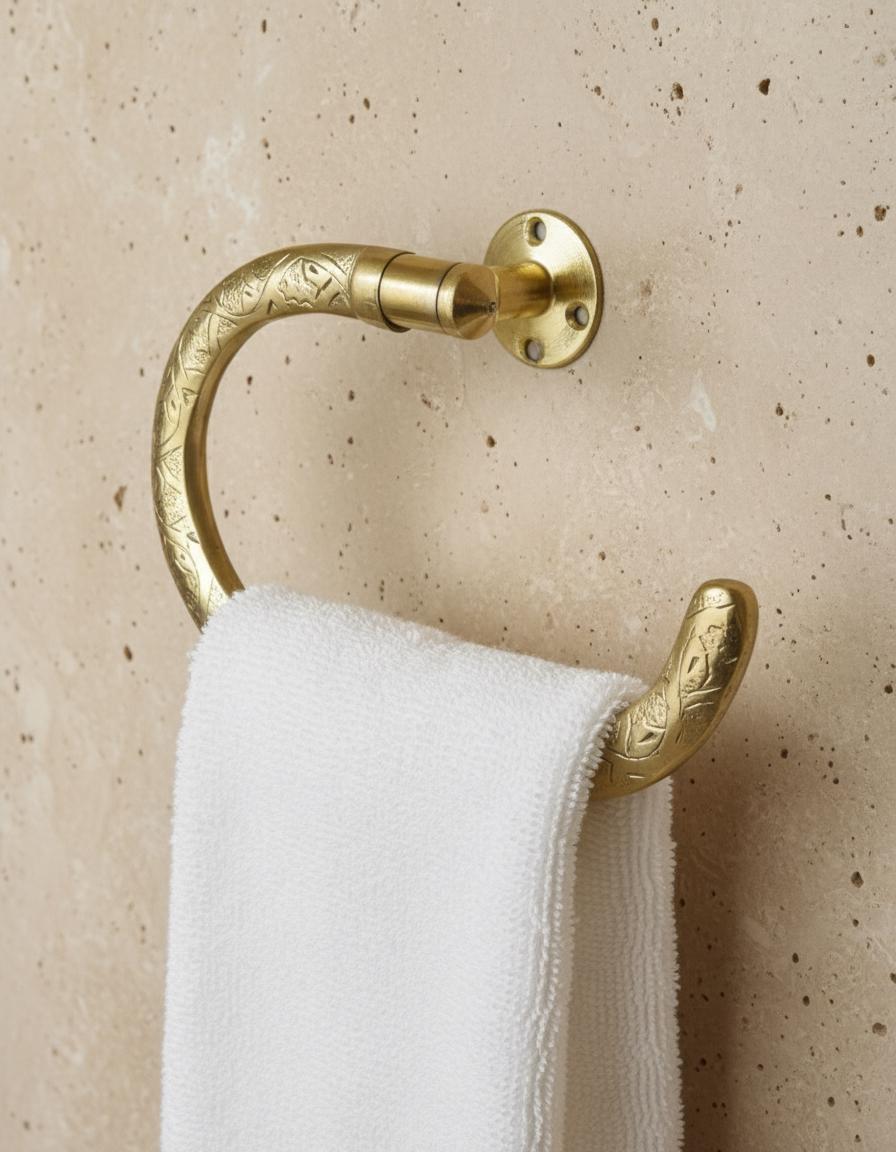 Hand-Engraved Unlacquered Brass Towel Ring – Wall Mount Bathroom Holder