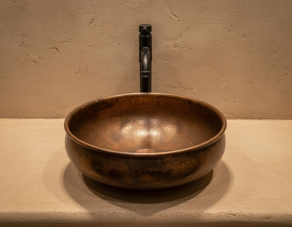Handmade Fire Patina Copper Vessel Sink with Aged Finish for Luxury Bathroom Vanity Designs