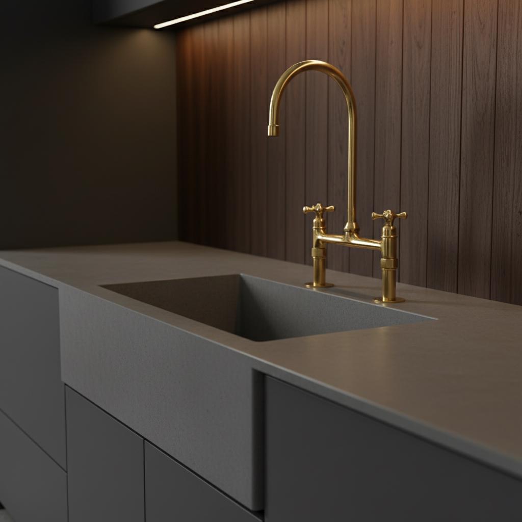 Unlacquered Brass Bridge Kitchen Faucet, Farmhouse Sink Mixer Tap, Vintage Gooseneck Faucet Fixture