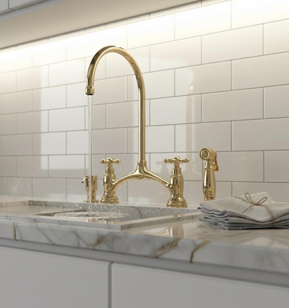 Unlacquered Brass Bridge Kitchen Faucet with Sprayer and Soap dispenser, Handmade Solid Brass Farmhouse Sink Mixer