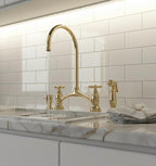 Unlacquered Brass Bridge Kitchen Faucet with Sprayer and Soap dispenser, Handmade Solid Brass Farmhouse Sink Mixer