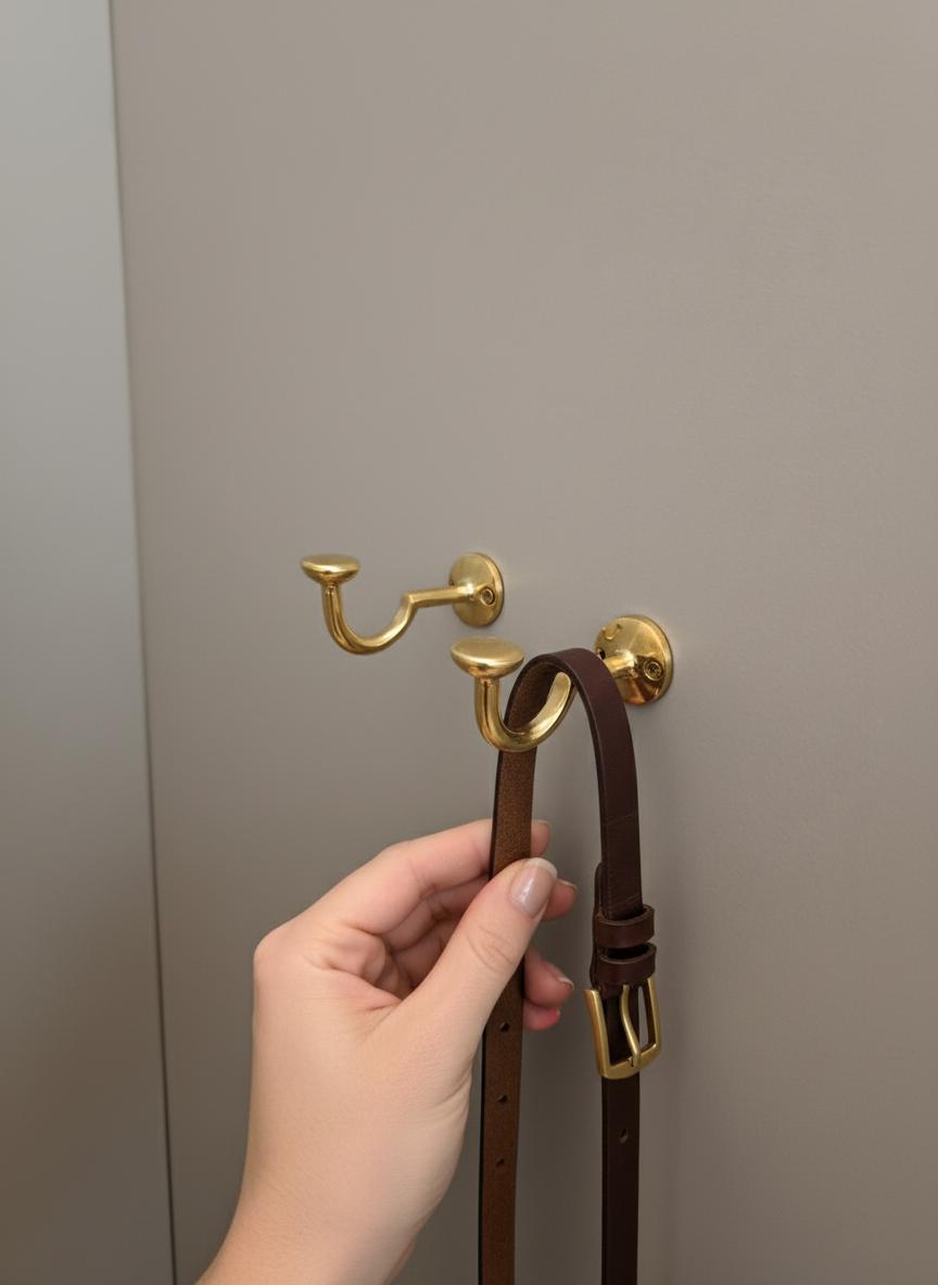 Set of Two Solid Brass Wall Hooks – Unlacquered Minimalist Coat & Towel Hangers Set