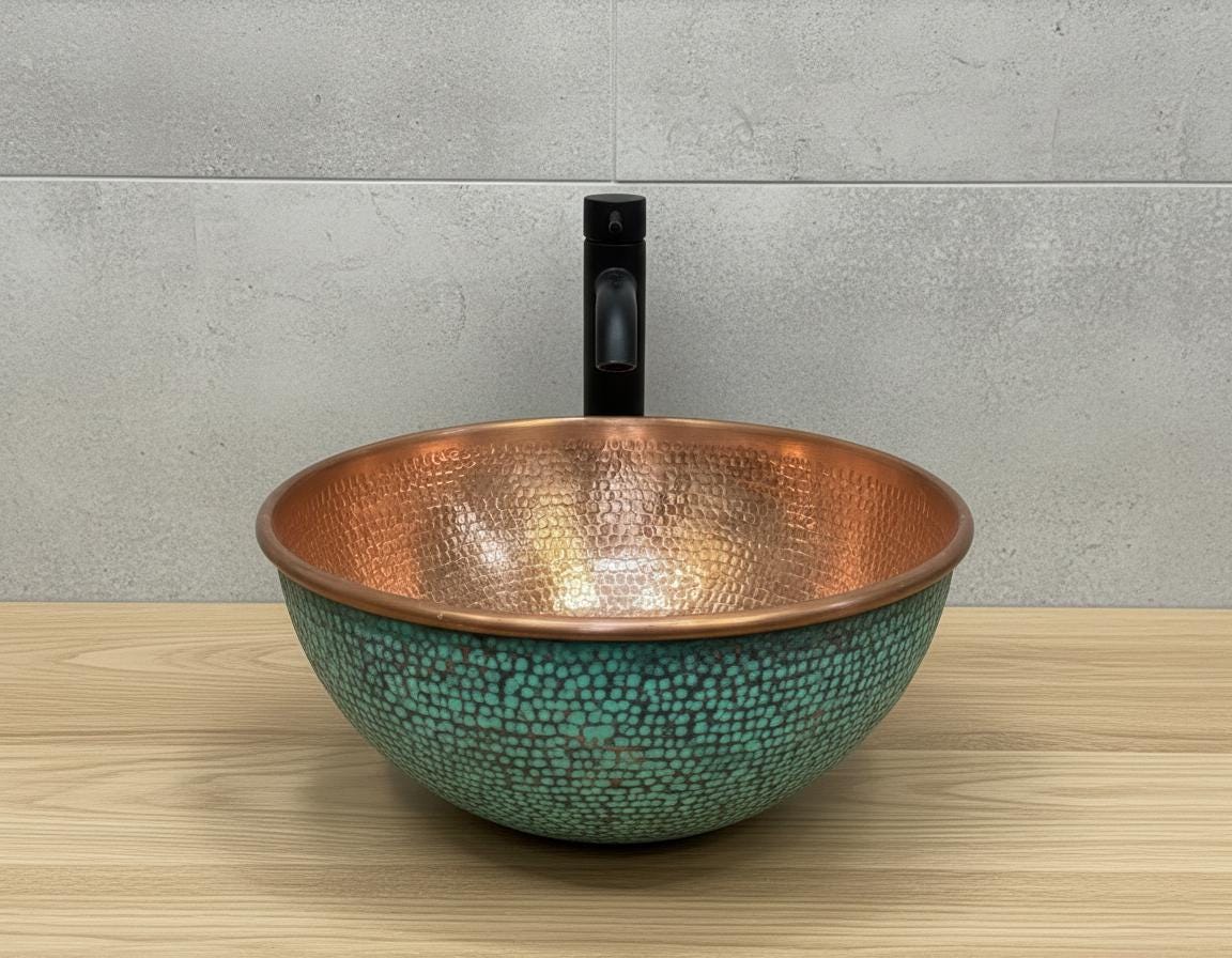 Handmade Turquoise Patina Copper Vessel Sink with Hammered Interior for Modern Bathroom Vanity Decor