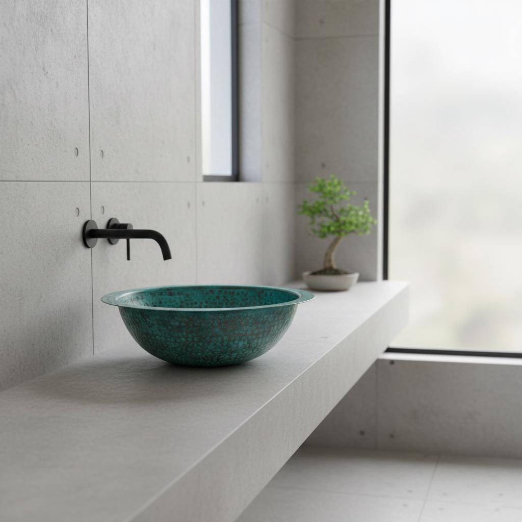 Handmade Round Verdigris Copper Vessel Sink with Green Patina Hammered Finish for Bathroom Vanity