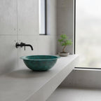 Handmade Round Verdigris Copper Vessel Sink with Green Patina Hammered Finish for Bathroom Vanity