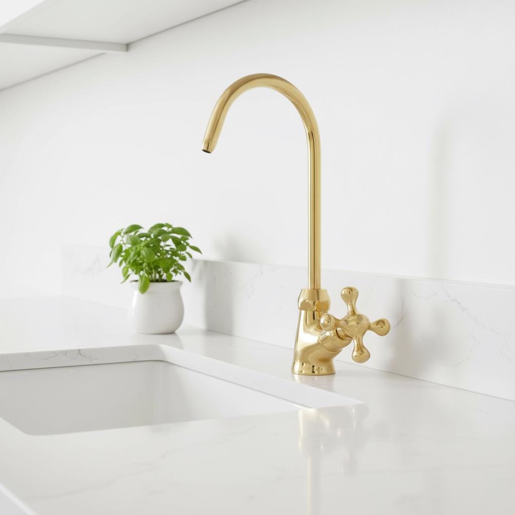 Unlacquered Brass Kitchen Faucet – Handmade Single Hole Gooseneck Tap with Cross Handle for Sink or Bathroom Vanity