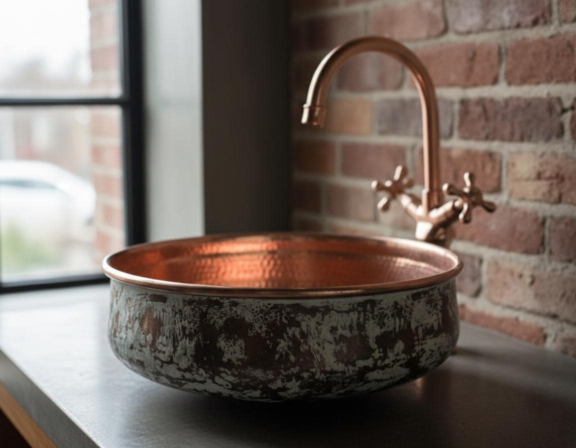 Handmade Patina Copper Vessel Sink with Hammered Interior for Luxury Bathroom Vanity Designs