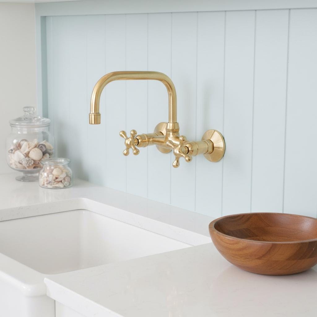 Unlacquered Brass Wall Mount Faucet – Handmade Solid Brass Bar or Bathroom Sink Tap with Cross Handles